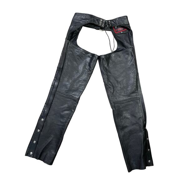 First MFG‎ Black Leather Motorcycle Chaps Men's Small Snap Leg Biker Pants USA - Picture 1 of 12